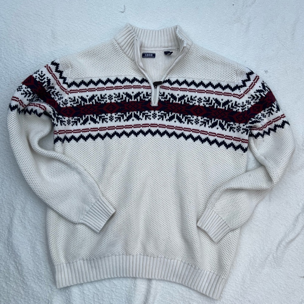 IZOD Men’s Fair Isle Quarter-Zip Sweater XL Cream Red Navy Cotton Blend